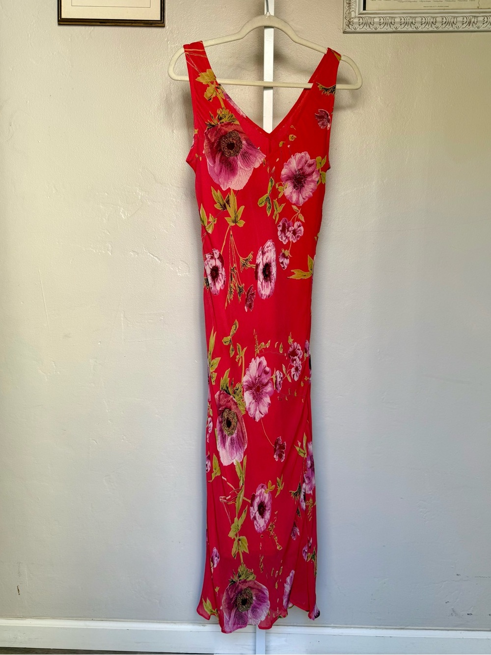 Vintage 90s / Y2K Pink Floral V-Neck Maxi Dress, Size Small